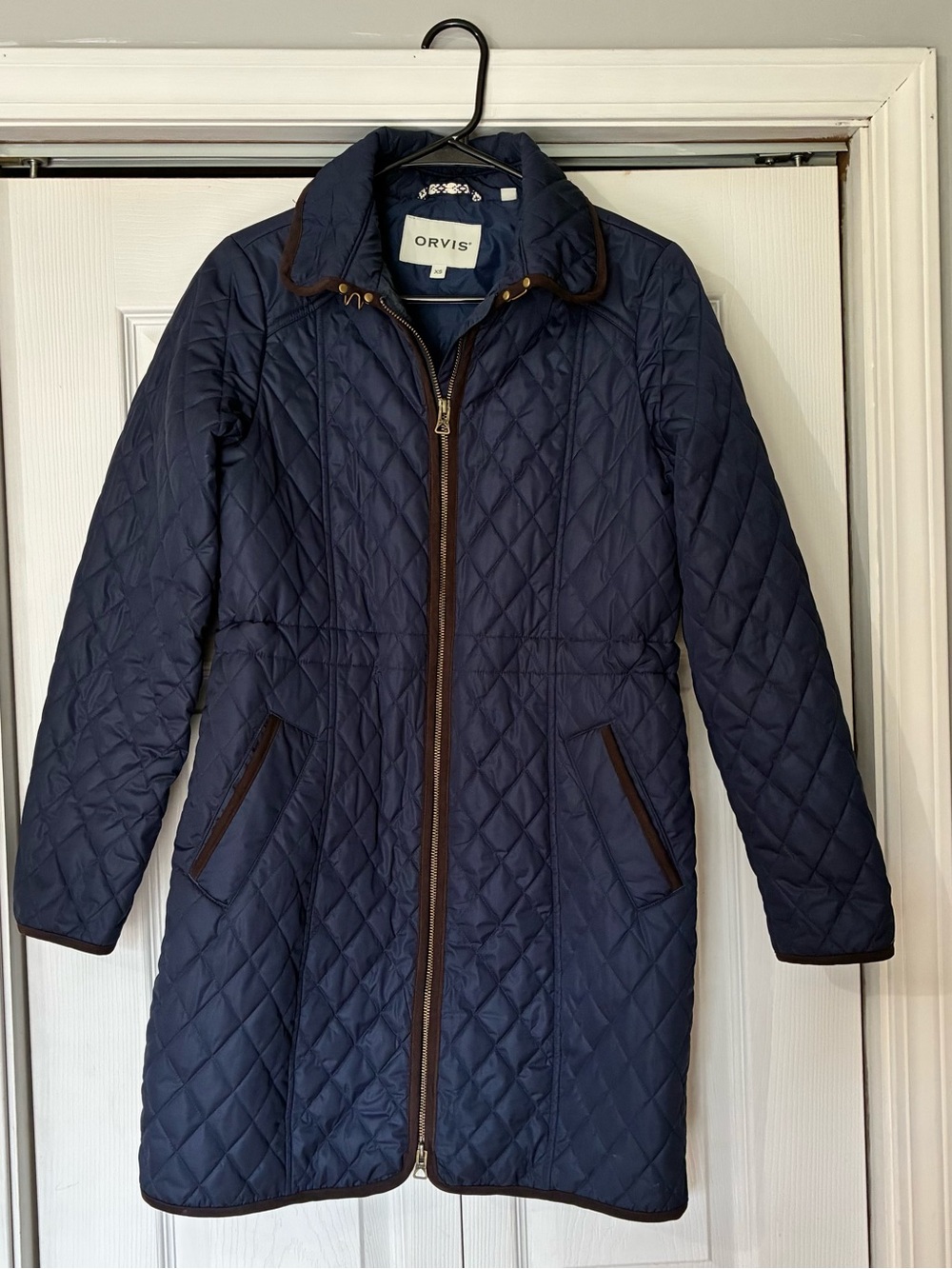 Orvis Women's Navy Quilted Long Puffer Coat with Brown Trim